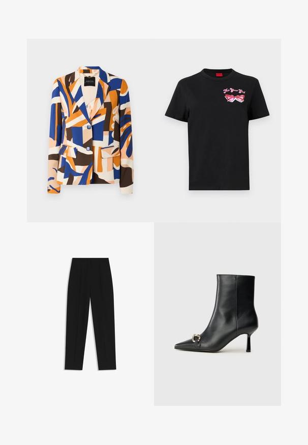 Blazer coloré avec des motifs abstraits bleus, oranges, bruns et crème. Comprend un col à revers, deux poches avant et des fermetures à bouton.; T-shirt en coton noir à manches courtes avec un graphique rose de lunettes de soleil et le texte "Not Your Girl" sur la partie gauche de la poitrine.; Pantalon noir à coupe droite, avec des plis doubles, une texture lisse et un design de taille classique. Pas de matériel ou d'accents visibles.; Bottine en cuir noir avec un bout pointu, un talon moyen fin et un détail de boucle en argent sur le côté, se détachant sur un fond uni.