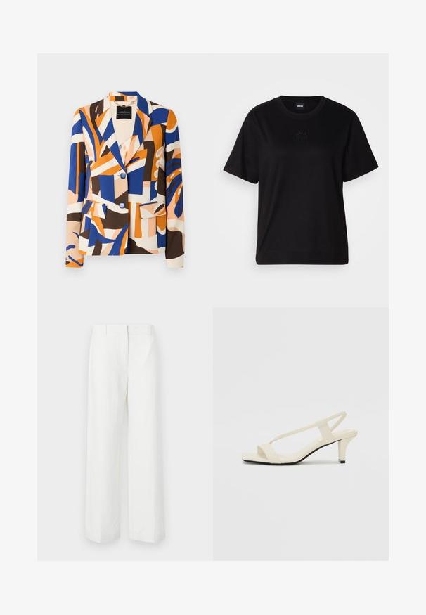 Colorful blazer in abstract patterns of blue, orange, brown, and cream. Features a notched collar, two front pockets, and button closures.; Black cotton t-shirt with a crew neckline, short sleeves, and an embroidered logo on the chest. Simple, relaxed fit with no patterns.; White wide-leg trousers with a smooth texture, featuring a flat front and pressed creases. Made of lightweight fabric, no visible patterns.; Beige block-heeled sandals with thin straps and a square toe. Smooth material with minimal detailing, designed for easy wear.