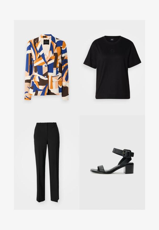 Farbenfroher Blazer mit abstrakten Mustern in Blau, Orange, Braun und Creme. Verfügt über einen Reverskragen, zwei Vordertaschen und Knopfverschlüsse.; Schwarzes Baumwoll-T-Shirt mit Rundhalsausschnitt, kurzen Ärmeln und aufgesticktem Logo auf der Brust. Einfacher, lässiger Schnitt ohne Muster.; Schwarze, taillierte Hose mit geradem Bein, aus einem glatten Stoff und mit klaren Falten an der Vorderseite. Keine sichtbare Hardware.; Schwarze Leder-High-Heel-Sandale mit verstellbarem Knöchelriemen, offenem Zehendesign und quadratischem Blockabsatz. Glatte Textur, minimalistischer Stil.