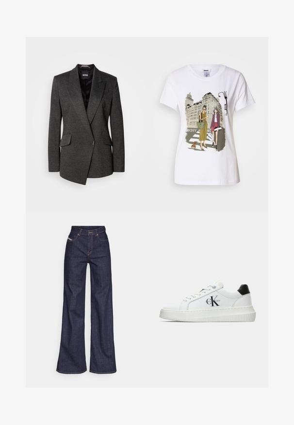Dark grey blazer with a textured fabric, peaked lapels, and a single-breasted design. Features two front pockets and a layered front.; White cotton T-shirt featuring a printed illustration of two women in urban fashion styles with a dog on a crosswalk and city buildings.; Dark blue wide-leg jeans in denim fabric with a high waist, featuring orange stitching, five-pocket design, and a button closure.; White low-top sneaker with black heel tab, platform sole, laces, and Calvin Klein "CK" logo on the side.