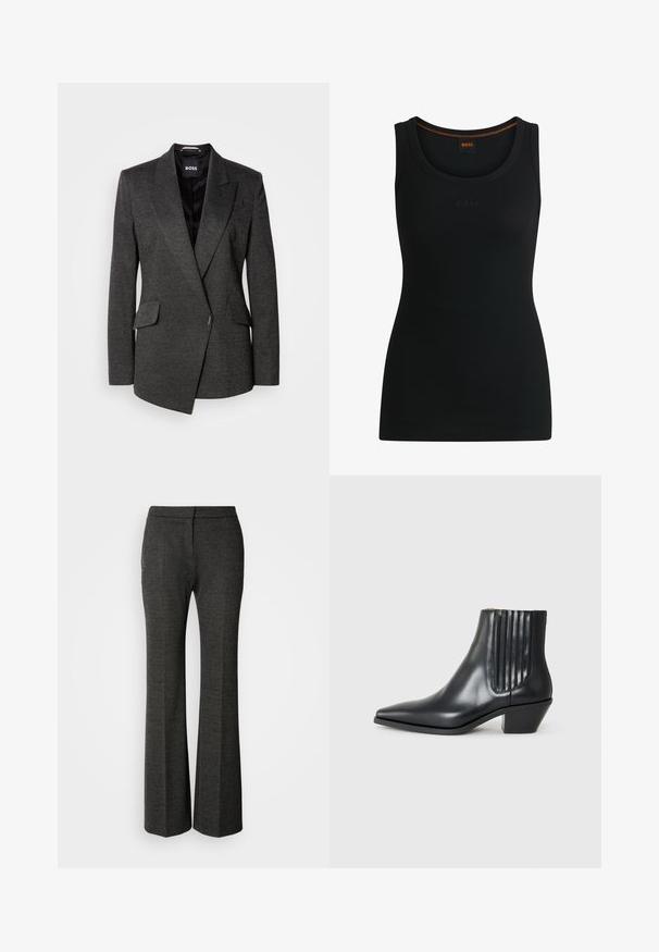 Donkergrijze blazer van een textuurstof, met piekende revers en een enkelvoudige knoopsluiting. Heeft twee voorkruiszakken en een gelaagde voorkant.; Zwart geribd tanktop met een ronde halslijn en reliëf "BOSS" logo. Kenmerkt zich door contrasterende oranje stiksels bij de hals. Zachte stoftextuur.; Grijze flared broek gemaakt van textuurstof. Kenmerkt zich door een vlakke voorkant, een tailor-made silhouet en een subtiel visgraatpatroon overal.; Zwarte leren enkellaars met spitse neus, elastische zijpanelen met verticale groeven en een lage blokhak. Glad oppervlak en slank ontwerp.