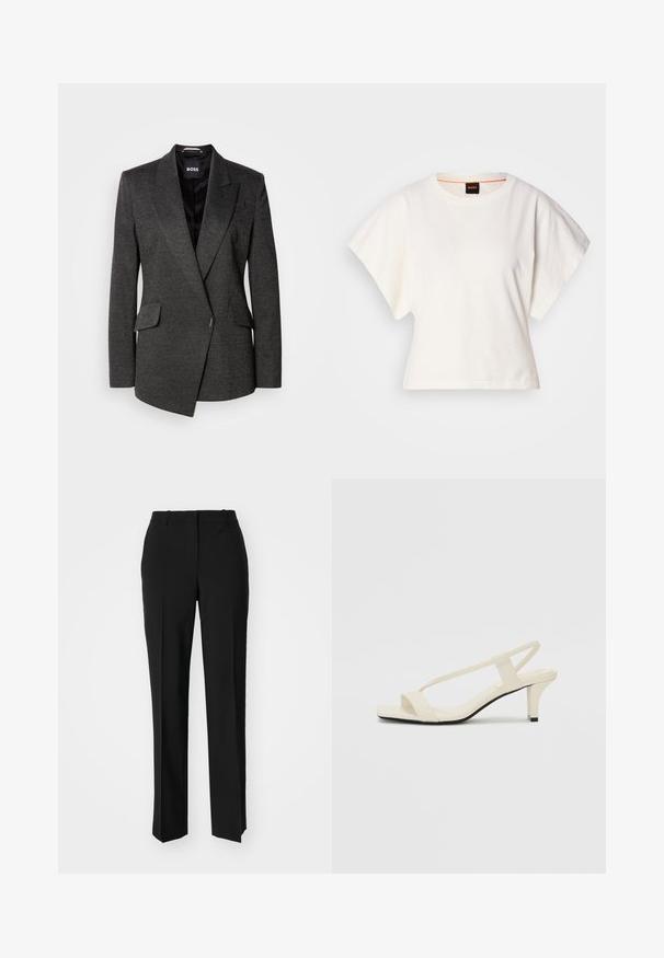 Blazer grigio scuro in tessuto texturizzato, con revers a punta e design a un petto. Presenta due tasche frontali e un davanti a strati.; T-shirt bianca cropped, maniche corte e larghe, tessuto di cotone morbido, scollatura rotonda con bordino arancione sottile, design minimale, senza motivi o grafiche.; Pantaloni neri su misura con un design a gamba dritta, caratterizzati da una texture liscia e pieghe ben definite sul davanti. Senza hardware visibile.; Sandali con tacco a blocco beige, con sottili cinturini e punta quadrata. Materiale liscio con dettagli minimi, progettati per un facile utilizzo.
