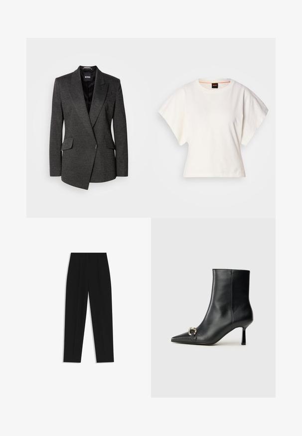 Dunkelgrauer Blazer aus strukturiertem Stoff, mit Spitzenrevers und einreihigem Design. Verfügt über zwei Fronttaschen und eine geschichtete Vorderseite.; Weißes, kurzes T-Shirt, kurze weite Ärmel, weicher Baumwollstoff, runder Ausschnitt mit subtilen orangefarbenen Akzenten, minimales Design, keine Muster oder Grafiken.; Schwarze Hose mit geradem Schnitt, doppelten Falten, einer glatten Textur und einem klassischen Bunddesign. Keine sichtbaren Beschläge oder Akzente.; Schwarze Leder-Stiefelette mit spitzer Zehe, schlankem, mittelhohem Absatz und silberner Schnalle seitlich vor einem schlichten Hintergrund.