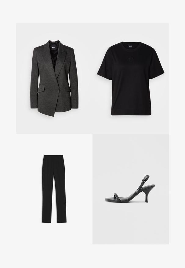 Dark grey blazer with a textured fabric, peaked lapels, and a single-breasted design. Features two front pockets and a layered front.; Black cotton t-shirt with a crew neckline, short sleeves, and an embroidered logo on the chest. Simple, relaxed fit with no patterns.; Black tailored trousers with a straight-leg design, featuring front pockets and a smooth, textured fabric. Neat, minimal detailing.; Black leather high-heeled sandals with a slim, curved heel and a crossed strap design. Adjustable ankle strap. Smooth texture.