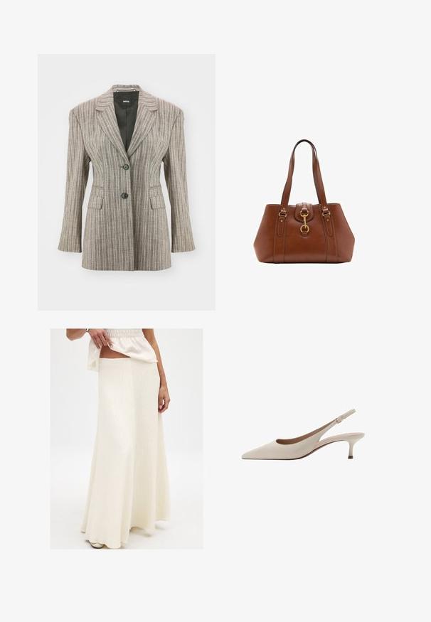 Raidallinen bleiseri vaaleanruskeana, joka on räätälöity istuvuudeltaan, kahdella mustalla napilla, viistolla kauluksella ja kahdella etutaskulla. Suuri kankaankosketus.; Villapaita sinapinankeltaisena, pehmeästä kankaasta valmistettu. Ominaisuuksiin kuuluu ribbatut pyöreät kaula-aukot ja pitkät hihat, joissa on normaali istuvuus ja suora helma.; Kermainen, pitkä maksihame, jossa on tekstuuripinta. Hameessa on istuva vyötärö ja valuva siluetti, joka on yhdistetty löysään, eloisaan toppiin.; Beige avokkaat, joissa on terävä kärki ja matala, löysä kanta. Valmistettu sileästä nahasta, minimalistisella suunnittelulla ja säädettävällä hihnalla.; Ruskea nahkainen käsilaukku, jossa on kaksi hihnaa, pyöreä muoto, kultaiset yksityiskohdat ja keskeinen solkilukitus. Sujuva pinta, jossa on ommeltuja koristeita.