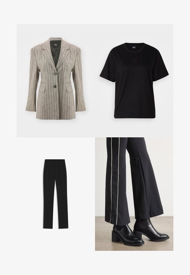Blazer a righe in marrone chiaro con vestibilità tailored, due bottoni neri, rever a punta e due tasche frontali. Tessuto dalla texture liscia.; Maglietta in cotone nera con scollatura tonda, maniche corte e logo ricamato sul petto. Design semplice e vestibilità rilassata senza motivi.; Pantaloni neri su misura con un design a gamba dritta, dotati di tasche frontali e un tessuto liscio e strutturato. Dettagli ordinati e minimalisti.; Stivaletti in pelle nera con tacco a blocco, dotati di pannelli elastici sui lati. Abbinati a pantaloni neri con una striscia bianca laterale.