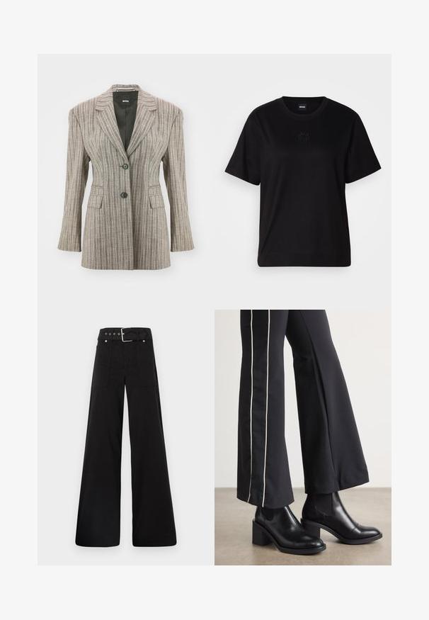 Prúžkovaná sako v svetlohnedej farbe s prispôsobeným strihom, dvoma čiernymi gombíkmi, klopami a dvoma prednými vreckami. Hladká textúra materiálu.; Čierne bavlnené tričko s okrúhlym výstrihom, krátkymi rukávmi a vyšívaným logom na hrudi. Jednoduchý, voľný strih bez vzorov.; Čierne nohavice so širokými nohavicami vyrobené z bavlny, s vysokým pásom, veľkými bočnými vreckami a opaskom s prackou so striebornými detailmi.; Čierne kožené členkové topánky s blokovým podpätkom, vybavené elastickými bočnými panelmi. Skombinované s čiernymi nohavicami, ktoré majú biely bočný pruh.