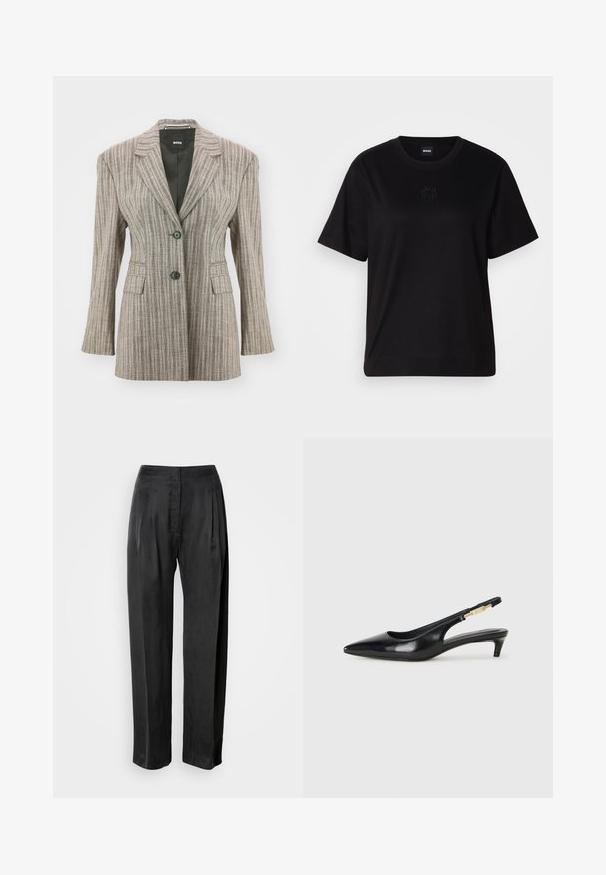 Gestreepte blazer in lichtbruin met een getailleerde pasvorm, twee zwarte knopen, notched revers en twee voorzakken. Gladde stofstructuur.; Zwarte katoenen t-shirt met een ronde hals, korte mouwen en een geborduurd logo op de borst. Eenvoudige, comfortabele pasvorm zonder patronen.; Zwarte broek met wijde pijpen van gladde stof, voorzien van plooien aan de voorkant, een ritssluiting en een klassieke tailleband.; Zwarte leren slingback hakken met een spitse neus, voorzien van een slanke hak en een goudkleurige accent op de verstelbare band. Gladde textuur.