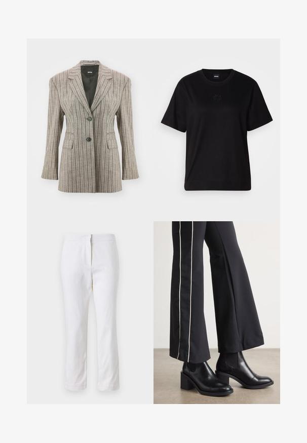 Sāņotā žakete gaiši brūnā krāsā ar piegulīgu piegriezumu, divām melnām pogām, izgrieztām atlokām un divām priekšējām kabatām. Gluda auduma tekstūra.; Melna kokvilnas T-krekls ar apaļu izgriezumu, īsām piedurknēm un izšūtu logotipu uz krūtīm. Vienkāršs, brīvs piegriezums bez rakstiem.; Baltas kokvilnas bikses ar taisnu kāju dizainu, ar vidēju augstumu un bez redzamām detaļām vai rakstiem. Visā virsmā ir gluda tekstūra.; Melnas ādas potīšu zābaki ar blokveida papēdi, aprīkoti ar elastīgām sānu paneļiem. Kombinēti ar melniem biksēm, kuru sānos ir baltas svītras.