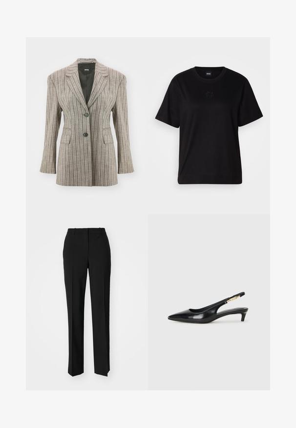 Sāņotā žakete gaiši brūnā krāsā ar piegulīgu piegriezumu, divām melnām pogām, izgrieztām atlokām un divām priekšējām kabatām. Gluda auduma tekstūra.; Melna kokvilnas T-krekls ar apaļu izgriezumu, īsām piedurknēm un izšūtu logotipu uz krūtīm. Vienkāršs, brīvs piegriezums bez rakstiem.; Melnas pielāgotas bikses ar taisnu kāju dizainu, kas raksturojas ar gludu faktūru un asiem krokām pa priekšu. Nav redzamu metāla detaļu.; Melnas ādas slingback zābaki ar smailu purngalu, ar šauru papēdi un zelta krāsas akcentu uz regulējama siksniņas. Gluda tekstūra.