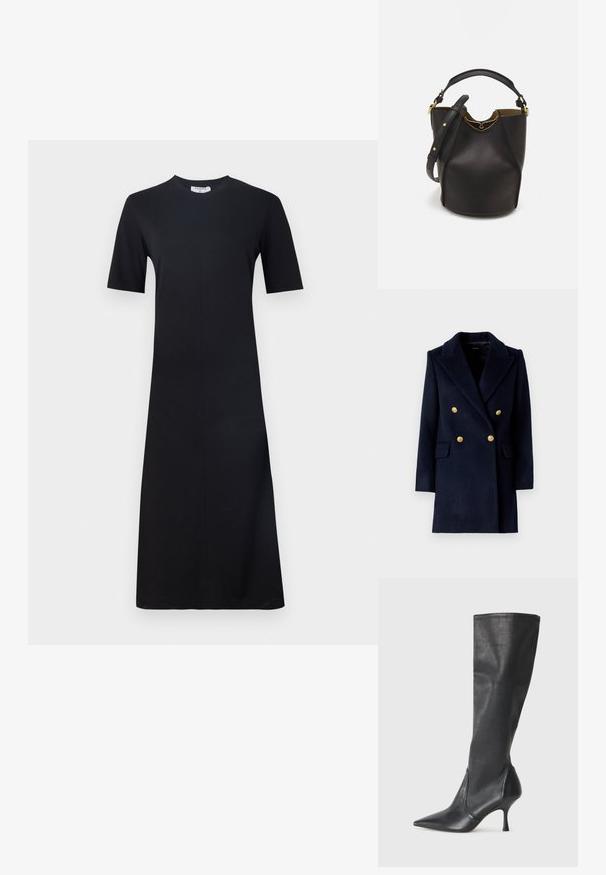 Marineblauer, doppelt gestreifter Mantel mit Reverskragen, goldenen Knöpfen und vorderen Taschen. Hergestellt aus einem strukturierten Wollmix.; Filippa K DRESS - Jerseykleid - black; Knöchelhoche schwarze Lederstiefel mit einer spitzen Zehe und einem schlanken Stiletto-Blockabsatz. Glatte Textur mit einer enganliegenden Passform und Nähten am oberen Rand.; Schwarze Leder-Eimerhandtasche mit strukturierter Oberfläche, goldenen Hardware-Akzenten und offenem Design. Verfügt über einen kurzen Griff und einen verstellbaren Schultergurt.