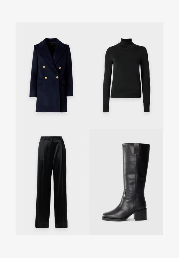Cappotto doppiopetto blu notte con colletto a punta, bottoni dorati e tasche frontali. Realizzato in un mix di lana testurizzata.; Pullover nero a maniche lunghe con collo alto, rifinito con polsini e orlo a coste, mostrato su uno sfondo bianco semplice.; Pantaloni in satin neri a vita alta con gambe larghe dritte, passanti per cintura e chiusura frontale piatta su uno sfondo bianco semplice.; Stivali al ginocchio in pelle nera con una texture liscia, punta quadrata, tacco a blocco e linguetta laterale, caratterizzati da dettagli di cucitura minimi.