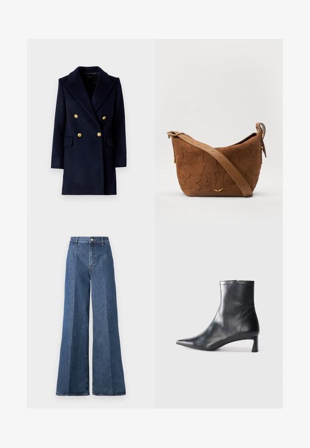 Marineblå dubbelknäppt kappa med notchkrage, guldfärgad knappar och framfickor. Tillverkad av en strukturerad ullblandning.; Filippa K ELENA TEE - T-shirt med print - sandstone; Vida blårandiga denimjeans med hög midja, med klassisk femficksdesign och knappstängning, tillverkade av texturerad bomull.; Svart läder ankelboot med spetsig tå och en smidig design. Har en låg klack och en dragkedjestängning bak. Slät textur.; Brun mocka axelväska med präglande blommönster, kompletterad med ett slätt brunt läderhandtag och akcenter i guldton.