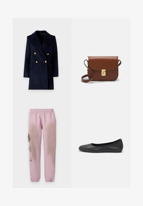 Granatowy płaszcz dwurzędowy z klapami, złotymi guzikami i przednimi kieszeniami. Wykonany z teksturowanej wełniano-bawełnianej mieszanki.; Biała koszulka krótki rękaw wykonana z materiału prążkowanego. Okrągły dekolt, regularny krój i subtelne detale szwów. Bez wzorów ani grafik.; Różowe dresy z elastycznym pasem, zdobione dekoracyjnymi łatkami w kształcie diamentów po lewej stronie oraz elastycznymi mankietami na kostkach.; Czarne skórzane baletki z zaokrąglonym noskiem, gładką fakturą, minimalnymi przeszyciami i elastycznym designem podeszwy.; Brązowa skórzana torebka na ramię z klapką, złotymi detalami, paskiem na ramię i gładką teksturą. Kompaktowy prostokątny kształt.