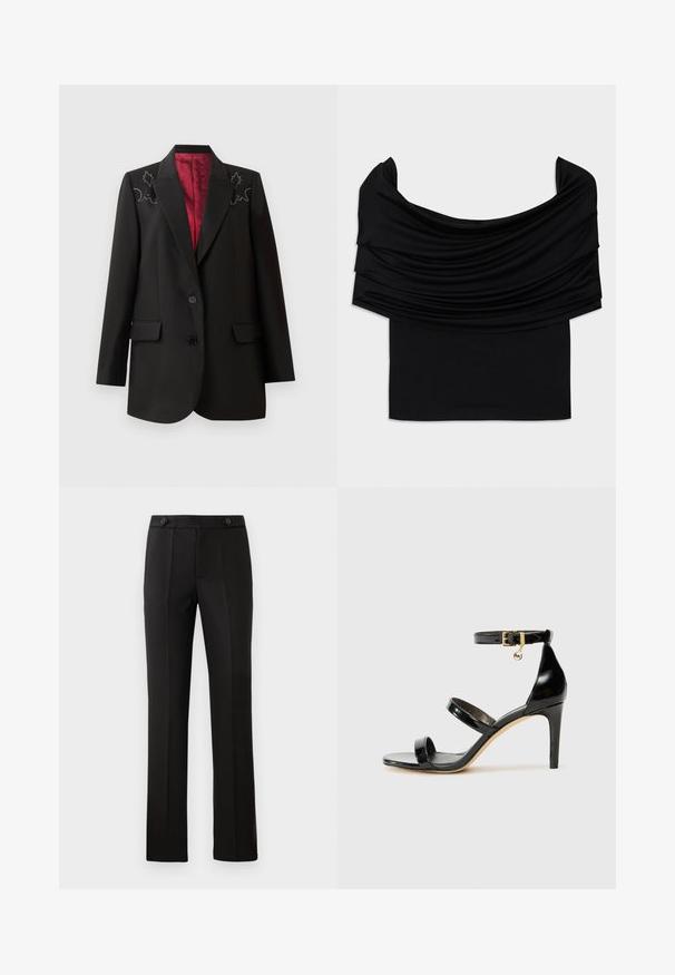 Blazer nero su misura con foderatura rosso scuro, caratterizzato da ricami floreali sulle spalle e due tasche anteriori con patta. Chiusura a due bottoni.; Top nero con spalle scoperte realizzato in tessuto drappeggiato, con una consistenza morbida e un design aderente. Presenta un orlo liscio e minimalista in vita.; Pantaloni neri su misura con gamba dritta, due tasche frontali, chiusura con bottone e dettagli con pieghe sul davanti. Tessuto morbido.; Sandalo in pelle verniciata nera con tre cinturini, fibbia alla caviglia e tacco a stiletto di 10 cm. Presenta dettagli in hardware dorato e un charm con logo.