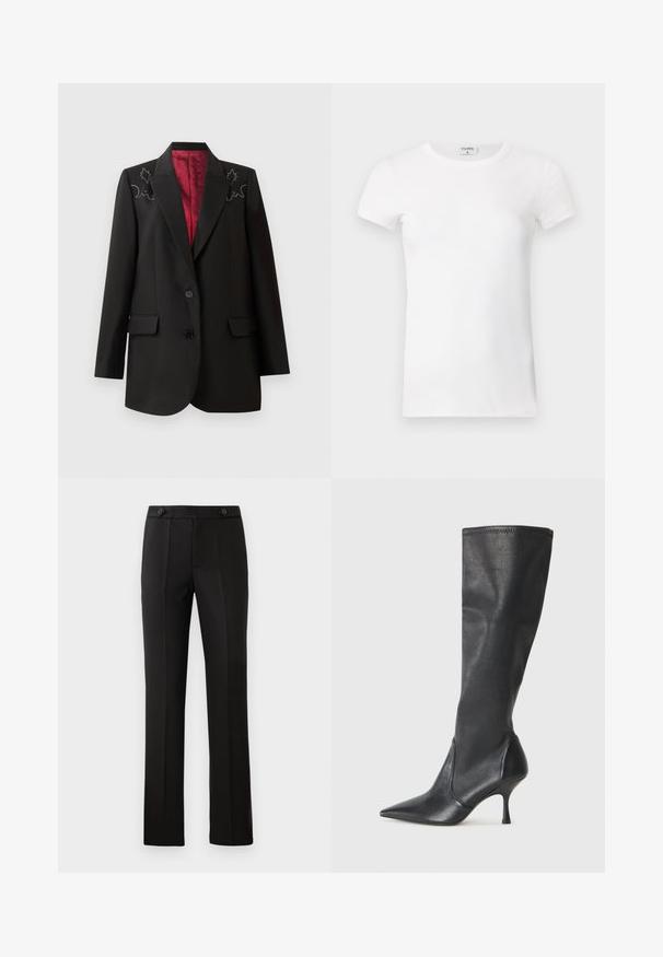 Črn eleganten blazer z globoko rdečo podlogo, ki ima cvetlične vezenine na ramenih in dva sprednja žepa z poklopcem. Zapiranje na dva gumba.; Bela rebrasta majica s kratkimi rokavi in okroglo ovratnikom. Tkanina se zdi gladka z oprijetim silhueto. Oznaka blagovne znamke vidna na ovratniku.; Črne krojene hlače s ravnim nogavicam, dvema sprednjima žepoma, gumbom za zapiranje in nabranimi detajli spredaj. Gladka tekstura tkanine.; Črne usnjene škornje do kolen s koničastim nosom in ozkim stiletto peto. Gladka tekstura z oblikovanim dizajnom in šivi na zgornjem robu.