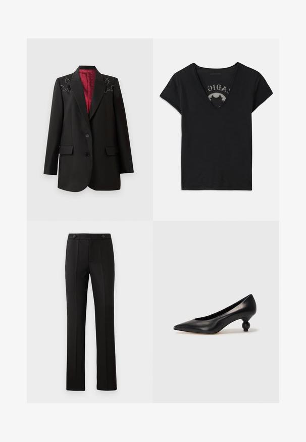 Melnā pielāgotā žaketē ar dziļi sarkanu oderi, ar ziedu izšuvumiem uz pleciem un divām priekšējām kabatām ar atloku. Divu pogu aizdare.; Melnas īsām piedurknēm T-krekls ar dziļo V-veida kakla izgriezumu, ar sēklu paneļa un drukātu dizainu uz iekšējās kārtas. Mīksta, elpojoša auduma.; Melnas pielāgotas bikses ar taisnu kāju, divām priekšējām kabatām, pogu aizdari un liekumu detaļām priekšpusē. Gluda auduma tekstūra.; Melnas ādas augstpapēžu kurpes ar smailu purngalu un apaļu papēdi. Gluda tekstūra ar elegantu, minimālistisku dizainu.