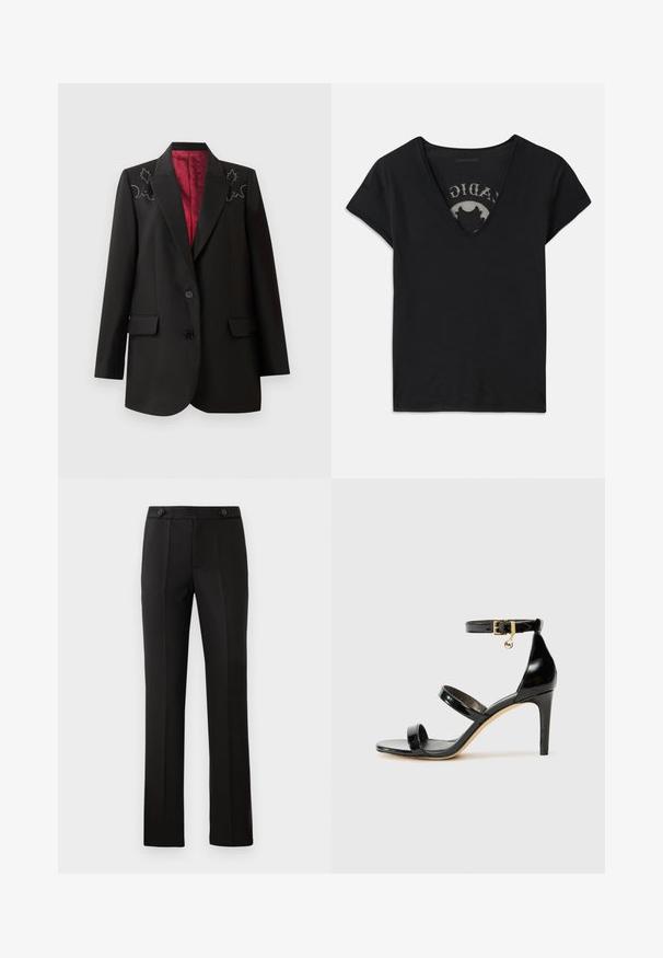 Blazer nero su misura con foderatura rosso scuro, caratterizzato da ricami floreali sulle spalle e due tasche anteriori con patta. Chiusura a due bottoni.; T-shirt nero a maniche corte con scollatura a V profonda, caratterizzato da un pannello in rete e un design stampato sullo strato interno. Tessuto morbido e traspirante.; Pantaloni neri su misura con gamba dritta, due tasche frontali, chiusura con bottone e dettagli con pieghe sul davanti. Tessuto morbido.; Sandalo in pelle verniciata nera con tre cinturini, fibbia alla caviglia e tacco a stiletto di 10 cm. Presenta dettagli in hardware dorato e un charm con logo.