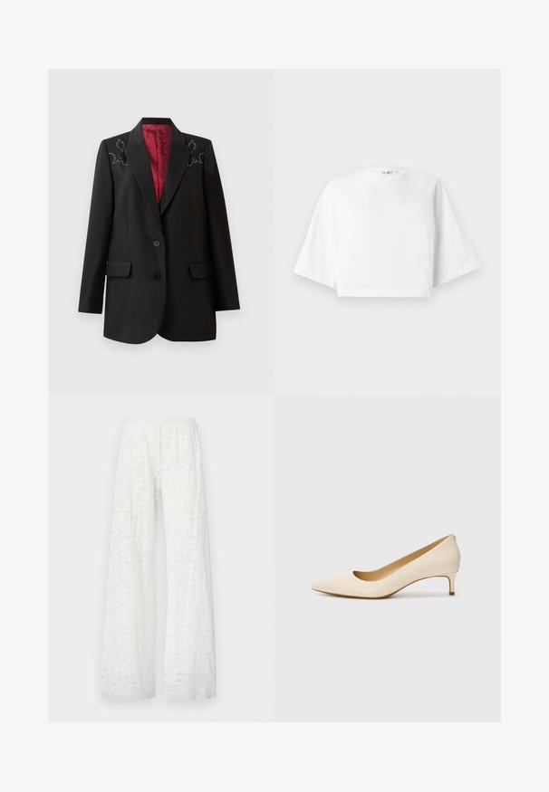 Must mustrik blazer sügava punase voodriga, lillelise tikandiga õlgadel ja kahe esipoolse klapikottiga. Kahe nööbiga sulgemine.; Valge lühikese varrukaga, lõdva istumisega, lühike t-särk, ümar kaelus ja küljetagused, valmistatud pehmest puuvillast materjalist.; Valge laia jala püksid, millel on elastne vöökoht, kaunistatud tekstuurse lillemustriga kogu kangas.; Beige teravikuga kingad, mis on valmistatud siledast sünteetilisest materjalist, madala kontsaga ja libistatava disainiga, millel on tagasihoidlik seljaosa detail.