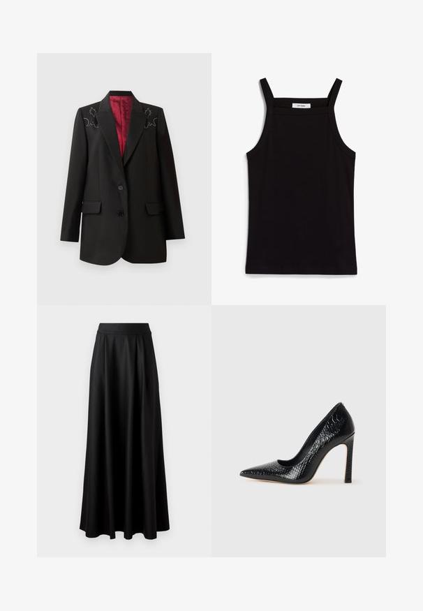 Black tailored blazer with a deep red lining, featuring floral embroidery on the shoulders and two front flap pockets. Two-button closure.; Black tank top with thin spaghetti straps, made of a ribbed fabric, featuring a straight cut and a label at the neckline reading "IVY OAK."; Black, floor-length skirt with a smooth texture, wide waistband, and pleated design, featuring no visible patterns or embellishments.; Black pointed-toe high heel shoe with a crocodile-skin texture, featuring a sleek design, high stiletto heel, and smooth black interior.