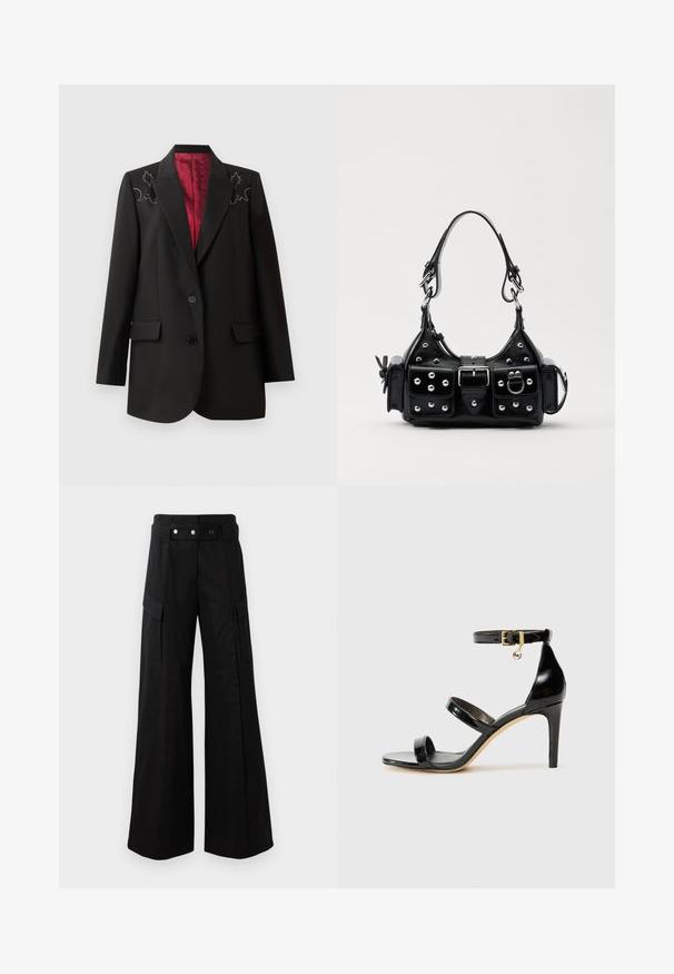 Black tailored blazer with a deep red lining, featuring floral embroidery on the shoulders and two front flap pockets. Two-button closure.; Black long-sleeve bodysuit with asymmetrical ruched draping across the front and snap fasteners at the crotch.; Black wide-leg pants with a high waistband, featuring large side pockets, two front buttons, and a loop detail. Made from sturdy fabric.; Black patent leather sandal with three straps, ankle buckle, and 4-inch stiletto heel. Features gold hardware detail and logo charm.; Black leather handbag with a curved design, featuring silver studs, a buckle, and two side pockets. Adjustable strap for carrying options.