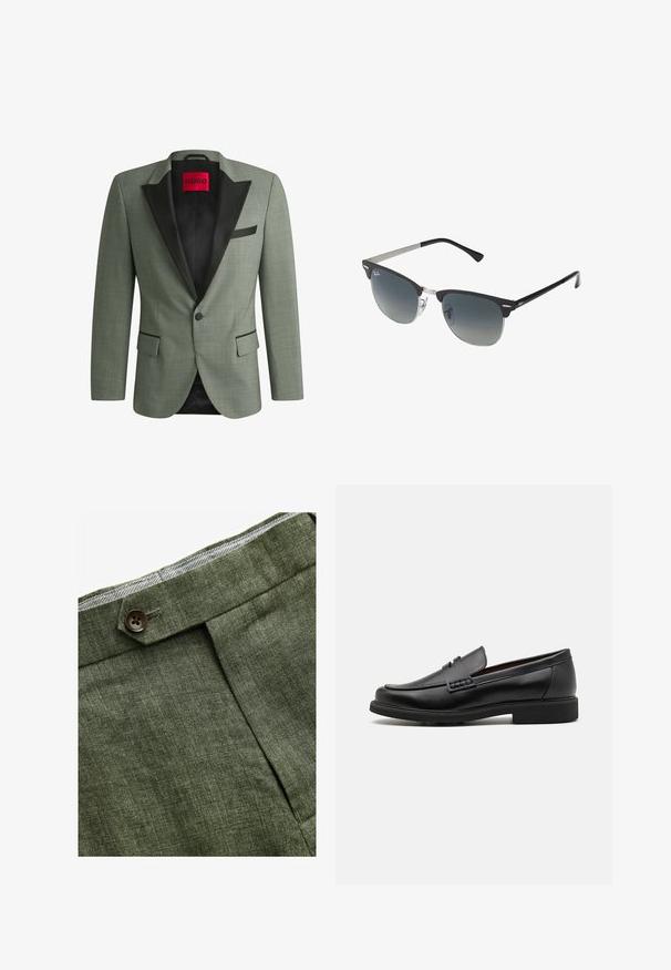 Blazer verde con bavero in raso nero, chiusura a un pulsante, due tasche frontali, tessuto testurizzato e rivestimento interno con etichetta rossa.; Camicia azzurra a maniche lunghe con colletto classico, orlo dritto e una trama sottile. Presenta una chiusura centrale con bottoni.; Pantaloni in lino verde oliva con piega frontale, dotati di chiusura con bottone e una fodera a quadretti a contrasto nella cintura.; Mocassini sintetici neri con una spessa cucitura frontale, soletta imbottita e suola piatta in gomma; design elegante con dettagli minimi.; Occhiali da sole neri e argento con forma a occhio di gatto, lenti sfumate e dettagli metallici sulla montatura. Aste in plastica con punte grigie.