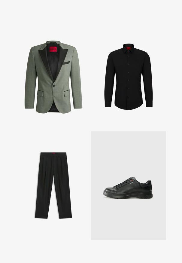 Zielona marynarka z czarnym satynowym klapem, zapinana na jeden guzik, z dwiema przednimi kieszeniami, teksturowanym materiałem i podszewką z czerwoną metką.; Czarna koszula z długim rękawem, z zapinaniem na guziki z przodu, klasycznym kołnierzykiem i zaokrąglonym dołem; posiada czarne guziki i czerwone logo wewnątrz kołnierzyka.; Czarne spodnie o plisowanym wzorze, szerokim kroju nogawek i gładkiej fakturze. Posiadają czerwony metek w pasie.; Czarne skórzane sneakersy z teksturowaną cholewką, miękkim kołnierzem i czerwonym logo. Posiadają grubą gumową podeszwę z wyraźnym wzorem bieżnika.