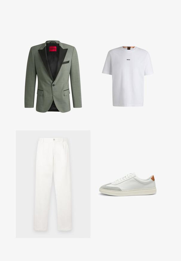 Green blazer with a black satin lapel, single button closure, two front pockets, textured fabric, and inner lining featuring a red label.; White cotton T-shirt with short sleeves, featuring a black "BOSS" logo centered on the chest and a round neck design.; White trousers made from smooth fabric, featuring a straight leg design, front pleats, and a single button closure at the waist.; White leather sneakers with gray suede accents and a tan leather heel tab. Features a textured surface and lightweight sole.