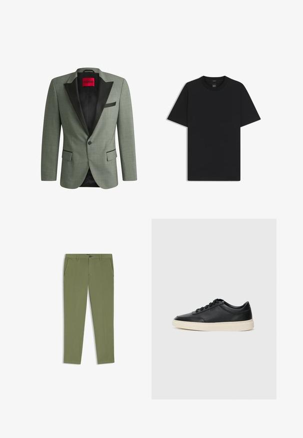 Green blazer with a black satin lapel, single button closure, two front pockets, textured fabric, and inner lining featuring a red label.; Black short-sleeve T-shirt made from a smooth cotton blend, featuring a crew neckline and a minimalistic design with no patterns or accents.; Men's green cotton trousers with a straight-leg design, front pockets, and a single button closure. Smooth texture with minimal detailing.; Black low-top leather sneaker with black laces and off-white sole shown in side profile on white background.