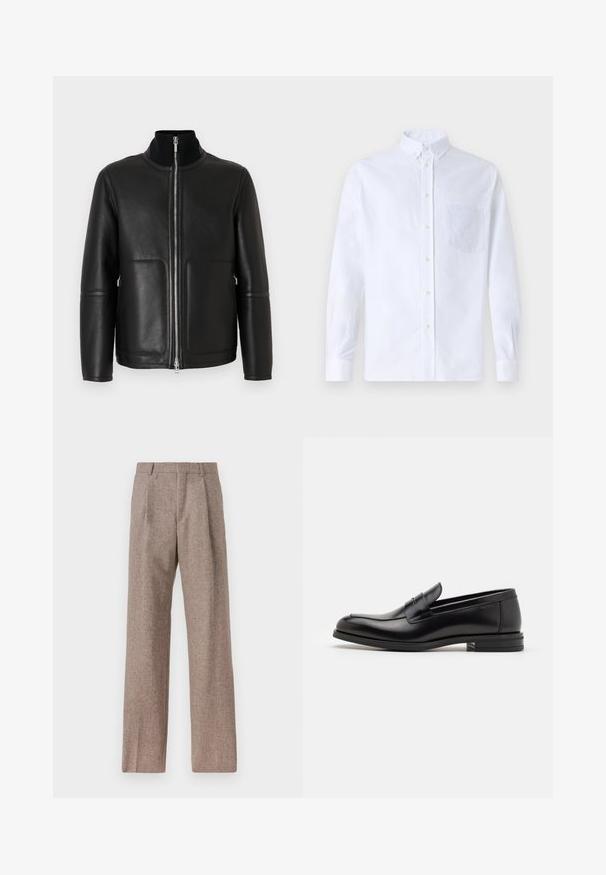 Black leather jacket with a high collar, zip front closure, two front pockets, and minimal stitching details. Smooth texture and structured shape.; White long-sleeve button-up shirt made of cotton, featuring a chest pocket with tonal embroidery, a collar, and button cuffs.; Brown, high-waisted trousers made of textured fabric. Features wide legs and two front pleats for structure. Neat finish with no visible hardware.; Black leather loafers with a smooth texture, rounded toe, and a decorative strap across the vamp. Low stacked heel, minimalist design.