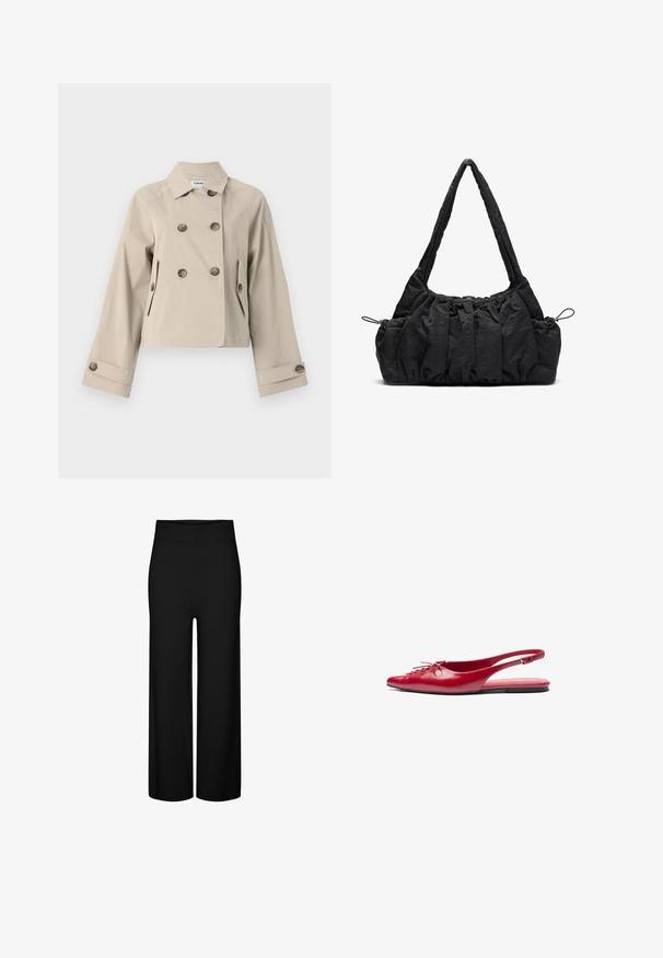 Beige lyhyttakki, jossa on kaksinkertainen nappitus, suuret napit, kaksi etutaskua ja muotoiltu kaulus. Sileä kangas, jossa on mattapinta.; Beige neulepaita, jossa on ribbireunus kaula-aukossa, hihoissa ja helmassa, ja joka sisältää mustan ompeleen yksityiskohtia hartioissa ja ylähihoissa.; Mustat leveälahkeiset housut joustavalla vyötäröllä, joiden pinta on sileä ilman näkyviä kuvioita tai koristeita.; Punainen nahkainen slingback-mokkasiini, jossa on teräväkärkinen muotoilu ja koristeellinen nauhakiinnitys edessä. Kenkässä on ohut nilkkaremmi ja tasapohja.; Musta kangaskassi, jossa on rypistetty pinta, kaksi olkahihnaa ja narukiristys sivuilla. Sileä, kevyt materiaali.