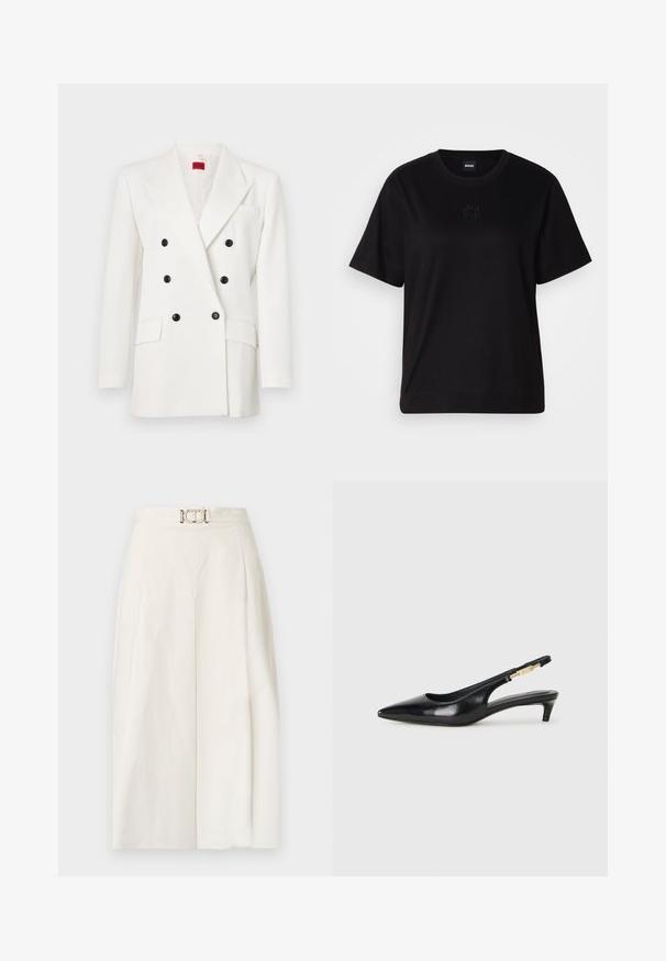 Sacou alb cu două rânduri de nasturi și nasturi negri, cu rever în formă de v și două buzunare frontale, dintr-un material texturat. Etichetă de marcă roșie în interior.; T-shirt negru din bumbac, cu guler rotund, mâneci scurte și un logo brodat pe piept. Design simplu, cu o croială relaxată și fără modele.; Pantaloni largi din țesătură de bumbac alb. Au talie înaltă, plisat frontal și detaliu cu cataramă metalică. Textură netedă.; Sandale slingback din piele neagră cu vârf ascuțit, având un toc subțire și un accent de culoare aurie pe curea ajustabilă. Textură netedă.