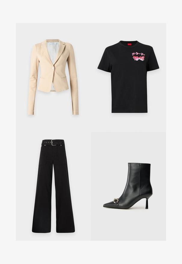 Béžový sako na míru s jedním knoflíkem, klopovými límci a dlouhými rukávy. Hladký materiál s minimem ševů a dvěma předními kapsami.; Černé bavlněné tričko s krátkými rukávy, které má na levé straně hrudi růžovou grafiku slunečních brýlí a text "Nejsem tvoje holka".; Černé široké kalhoty vyrobené z bavlny, s vysokým pasem, velkými bočními kapsami a opaskem s kovovými akcenty v barvě stříbra.; Černá kožená kotníková bota s špičatou špičkou, úzkým středně vysokým podpatkem a stříbrnou sponou na straně, na jednobarevném pozadí.