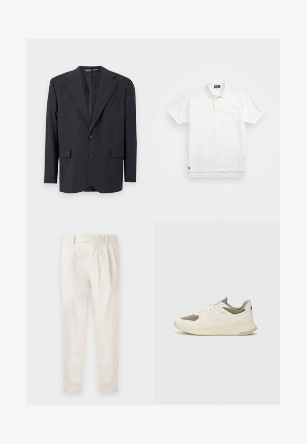 Tumedast hallist tekstuuriga kangast bleiser, millel on mugav lõige, krae, kaks esistaskut ja kaheastmeline lukustus.; Valge polo särk, mis on valmistatud puuvillast, klassikalise kraega, kolme nööbiga kinnitusega ja vasakul rinnal taskuga; väike logo helmel.; Valged volditud püksid, mis on kohandatud sobivusega, sujuva tekstuuriga, vööloopidega ja kitsenevate jalgadega. Pole nähtavaid taskuid ega mustreid.; Valge ja heledat beeži värvi spordijalats, millel on õhuke võrkmaterjal, perforatsioonidega detailid ning tekstuuriga vahetald, millel on brändi logo kannaosas.