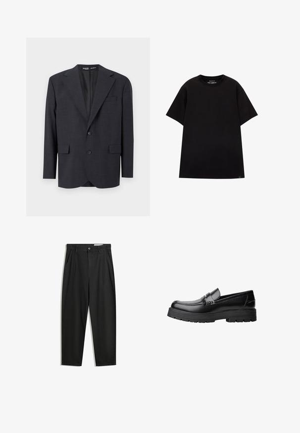 Czarny szary żakiet wykonany z teksturowanej tkaniny, charakteryzujący się luźnym krojem, kołnierzem z klapami, dwoma przednimi kieszeniami oraz zapięciem na dwa guziki.; PULL&BEAR - T-shirt basic; Czarne bawełniane spodnie o luźnym kroju, z klasycznym pasem, przednimi plisy oraz bocznymi kieszeniami. Gładka struktura, bez wzorów.; Czarne skórzane mokasyny z grubą, bieżnikowaną podeszwą i dekoracyjnym paskiem na górze, pokazane w lewym profilu na białym tle.