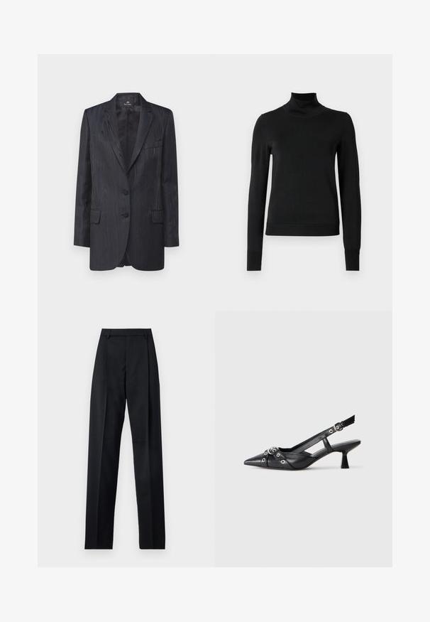 Temno modra blejzerica z strukturiranim vzorcem lesa, z dvema gumboma, s hitromi reverji in sprednjimi žepe; krojena prileganje in gladka podloga.; Črni pulover s dolgimi rokavi in vratnikom, z rebrastimi манжетами in robom, prikazan na enobarvni beli podlagi.; Črne hlače iz gladkega materiala, ki imajo visok pas, široke noge, sprednje nabore in klasične zanke za pas. Nevidni stranski žepi.; Črne usnjene sandale središnje zaponke z ostro konico, okrasnimi trakovi z kovinskimi očesi in nizko blokasto peto. Teksturirana površina.