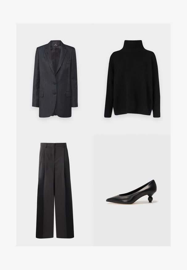 Dark blue blazer with a textured wood grain pattern, two buttons, notch lapels, and front pockets; tailored fit and smooth lining.; Black knitted sweater with a high ribbed collar, dropped shoulders, and a relaxed fit. Features ribbed cuffs and hem for texture.; Black wide-leg trousers with a high waist, featuring front pleats, a smooth texture, and a tailored finish. Designed for a relaxed fit.; Black leather high heel shoe with a pointed toe and a round, balled heel. Smooth texture with a sleek, minimal design.