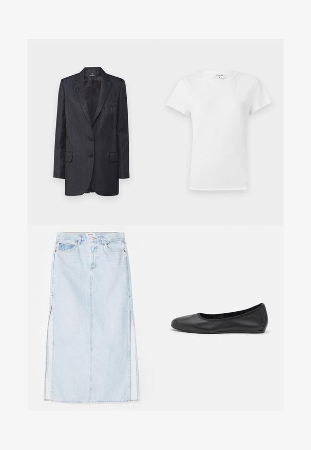 Mørkeblå blazer med et struktureret træmaske mønster, to knapper, notch lapeller og for- lommer; skræddersyet pasform og glat foer.; Hvid bomulds t-shirt med rund hals og korte ærmer, præsenteret i et afslappet fit og minimalistisk design. Etiketten er synlig ved halsen.; Lyseblå denim maxi nederdel med lige snit, der har sideslidser og fem-lomme design. Fremtrædende syninger og metalknaplukning.; Sort læderballetsko med rund tå, glat tekstur, minimal syning og et fleksibelt såldesign.