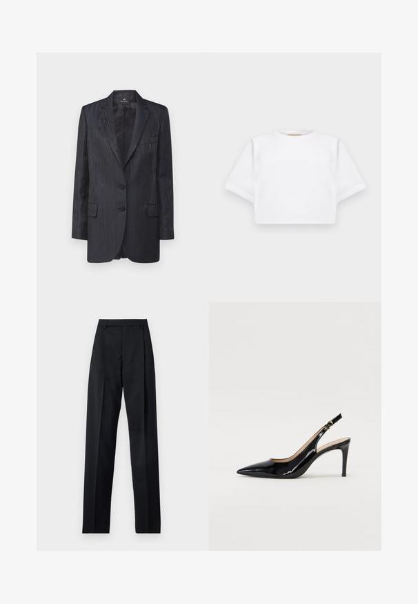 Temno modra blejzerica z strukturiranim vzorcem lesa, z dvema gumboma, s hitromi reverji in sprednjimi žepe; krojena prileganje in gladka podloga.; Kratka bela majica iz mehkega materiala, s kratkimi rokavi, okroglega izreza in rebrastimi robovi. Preprost in neokrašen dizajn.; Črne hlače iz gladkega materiala, ki imajo visok pas, široke noge, sprednje nabore in klasične zanke za pas. Nevidni stranski žepi.; Črne lakirane slingback čevlje z izostrenim nosom, ozkim peto in subtilnim izrezom. Na traku je zlata sponka.