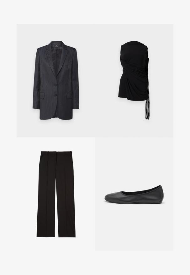 Blazer bleu foncé avec un motif en grain de bois texturé, deux boutons, revers crantés et poches avant ; coupe ajustée et doublure lisse.; Haut sans manches noir avec un tissu drapé, pli sur le côté et un détail à franges allongé, présentant une texture lisse et une silhouette ajustée.; Pantalons noirs sur mesure en tissu lisse, présentant une coupe droite, avec deux poches latérales. Construction élégante et minimaliste.; Ballerines en cuir noir avec un bout rond, texture lisse, détails de couture minimalistes et design de semelle flexible.