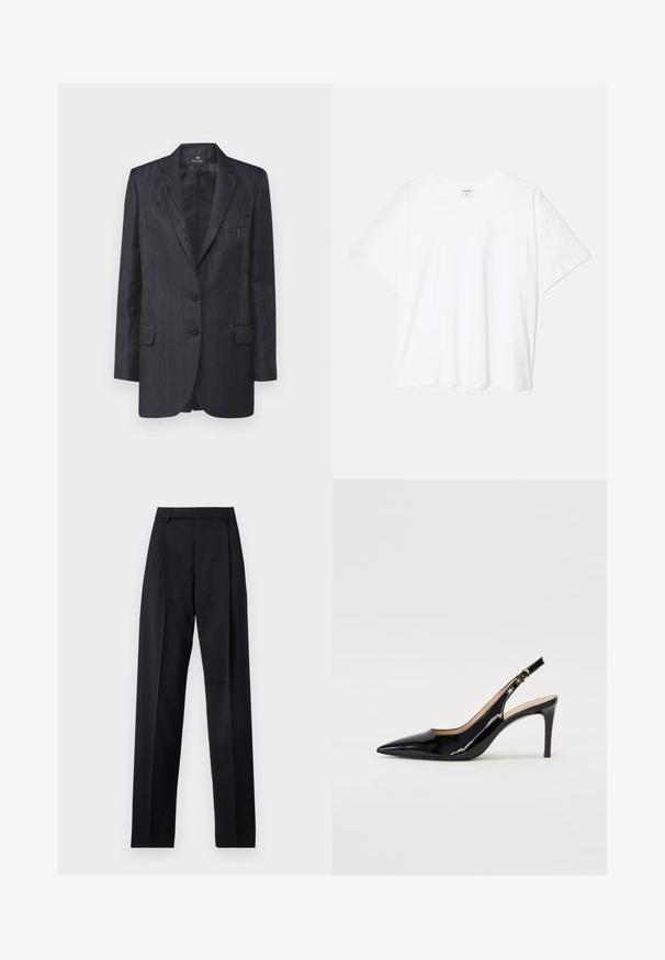 Granatowa marynarka o fakturze przypominającej drewno, z dwoma guzikami, klapami w kształcie litery "notch" oraz przednimi kieszeniami; dopasowany krój i gładka podszewka.; Biała bawełniana koszulka z krótkim rękawem, okrągłym dekoltem, luźnym krojem i przeszytym brzegiem. Metka widoczna wewnątrz dekoltu.; Czarne spodnie wykonane z gładkiego materiału, z wysokim stanem, szerokimi nogawkami, fałdami z przodu i klasycznymi szlufkami na pasek. Brak widocznych kieszeni bocznych.; Czarne lakierowane szpilki typu slingback z szpiczastym noskiem, smukłym obcasem i subtelnym wycięciem. Posiadają złotą klamrę na pasku.