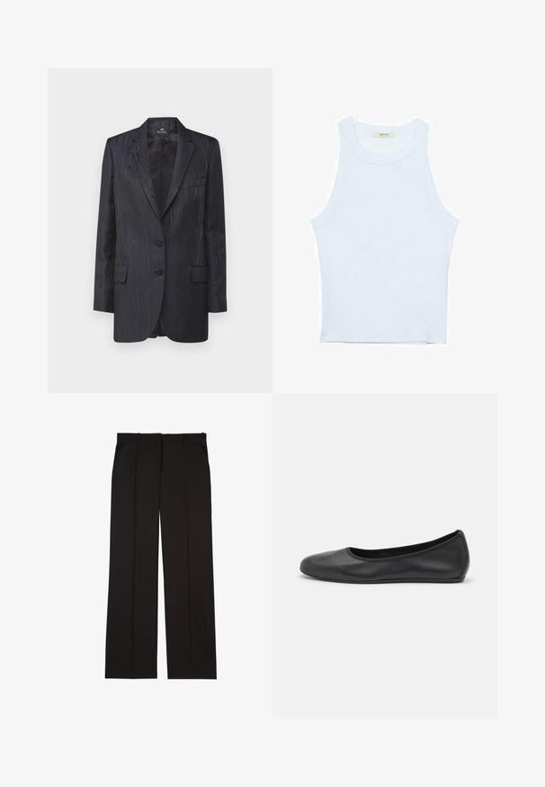 Tmavě modrý blejzr s texturovaným dřevěným vzorem, se dvěma knoflíky, klopovými límci a předními kapsami; přiléhavý střih a hladká podšívka.; Bílý top bez rukávů, žebrovaná textura, kulatý výstřih, obtáhnutý střih, decentní značka na štítku uvnitř oblasti límce.; Černé elegantní kalhoty na míru vyrobené z hladké látky, s rovnými nohavicemi a dvěma postranními kapsami. Elegantní a minimalistická konstrukce.; Černé kožené baletní byty s kulatou špičkou, hladkou texturou, minimálními švy a flexibilním designem podrážky.