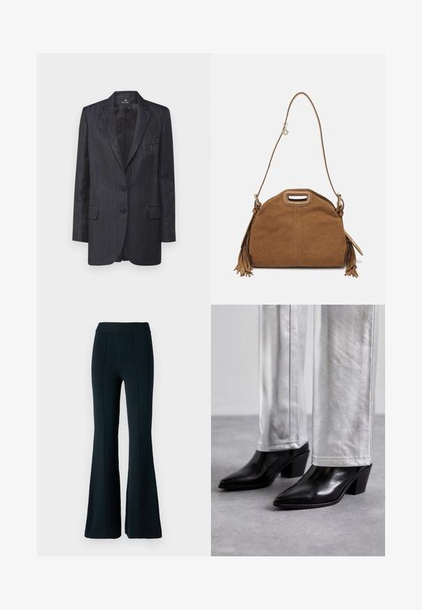Sacou bleu închis cu un model texturat de fibră de lemn, două butoane, rever cu cută și buzunare frontale; croială ajustată și căptușeală netedă.; Tricou alb cu mânecă lungă, din bumbac cu dungi, având decolteu rotund și tiv drept. Design simplu, fără modele sau accente.; Pantaloni negri evazați cu talie cu dungi, țesătură texturată și detalii cu cusături verticale. Au un design strâns în partea de sus și evazat în partea de jos.; Cizme negre din piele cu guler până la gleznă, având vârf ascuțit și toc bloc, asortate cu pantaloni argintii strălucitori, evidențiind texturi elegante și culori contrastante.; Maje Geantă crossbody - camel