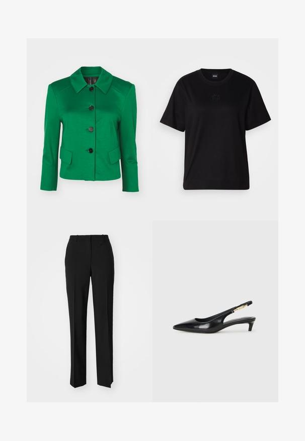 Green jacket made from smooth fabric, featuring a pointed collar, black buttons, and two front pockets. Tailored fit with three-quarter sleeves.; Black cotton t-shirt with a crew neckline, short sleeves, and an embroidered logo on the chest. Simple, relaxed fit with no patterns.; Black tailored trousers with a straight-leg design, featuring a smooth texture and crisp creases along the front. No visible hardware.; Black leather slingback heels with a pointed toe, featuring a slim heel and a gold-tone accent on the adjustable strap. Smooth texture.