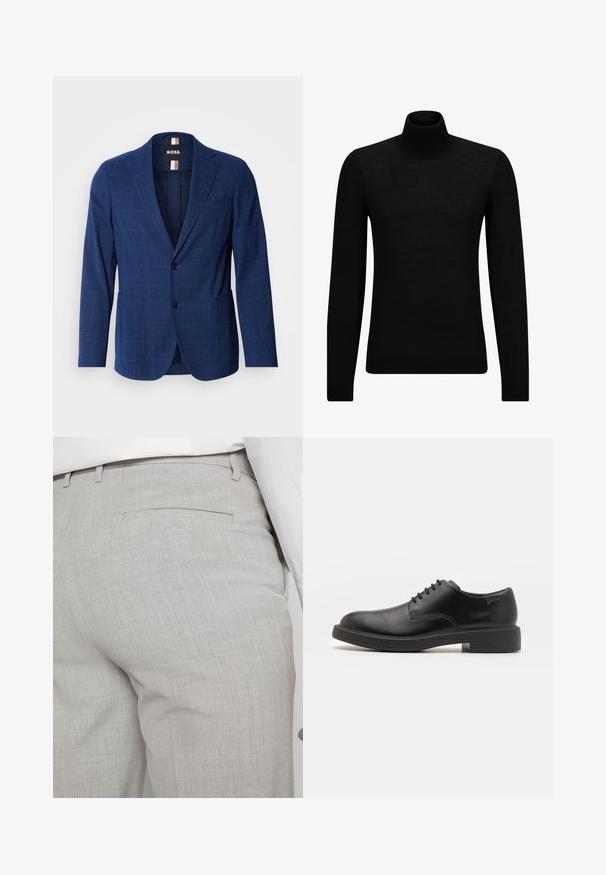 Tamsiai mėlynas švarkas su patikrinta raštą, pagamintas iš tekstūruotos medžiagos, su dviem mygtukais priekyje, išpjautomis apykaklėmis ir dviem šoniniais kišenėmis.; Juodas aukšto kaklo megztinis, pagamintas iš minkštos medžiagos, su ilgomis rankovėmis ir prigludusia forma. Su raukiniais apačioje ir rankogaliuose. Paprastas dizainas.; Šviesiai pilkos spalvos pritaikytos kelnės iš faktūrinės medžiagos, turinčios vieną užpakalinę kišenę ir tvarkingus siūlus.; Juodas odinis batų modelis su raišteliais, apvaliu nosiu, lygiu paviršiumi, minimaliai siuvinėjimu ir žemu guminėmis pakulne. Ant pakulnės šalia logo.