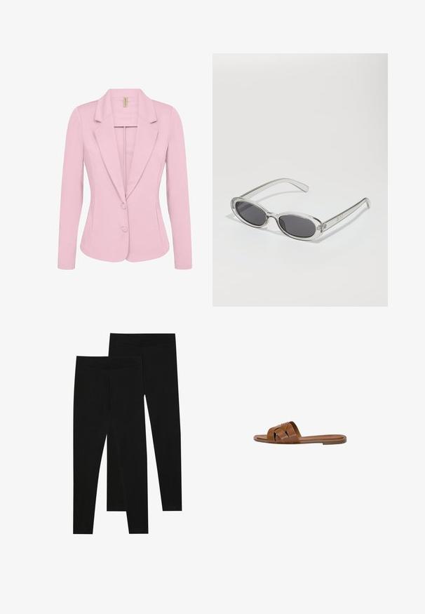 Soyaconcept SC-DANIELA 1 różowy; Dwa bezszwowe szaliki w tubie: jeden czarny, a drugi biały. Oba wykonane są z miękkiego, elastycznego materiału i mają gładką fakturę bez wzorów.; Czarne legginsy wykonane z elastycznego materiału, z bezszwowym pasem i dopasowanym krojem, odpowiednie do noszenia na co dzień lub do ćwiczeń.; Brązowe skórzane klapki z krzyżującymi się paskami, płaską podeszwą i gładką fakturą. Prosty design bez ozdób czy wzorów.; Okulary przeciwsłoneczne w owalnym kształcie, z przezroczystą plastikową oprawą, ciemnoszarymi soczewkami oraz cienkimi przezroczystymi ramionami z akcentami logo i minimalnymi detalami.