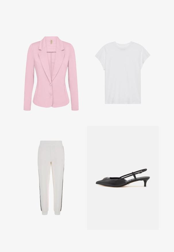 Soyaconcept SC-DANIELA 1 - Blazer - pink; Witte t-shirt met korte mouwen, ronde hals, relaxte pasvorm, gemaakt van zacht katoen. Glad textuur, geen patronen of logo's.; Witte joggerbroek van zachte stof, met een geribde tailleband en zwarte zijstrepen met een logodetail op de voorkant.; Zwarte slingback schoenen met een puntige neus, gemaakt van glad materiaal, met een kleine hak en een decoratieve zilverkleurige accent op de wreef.
