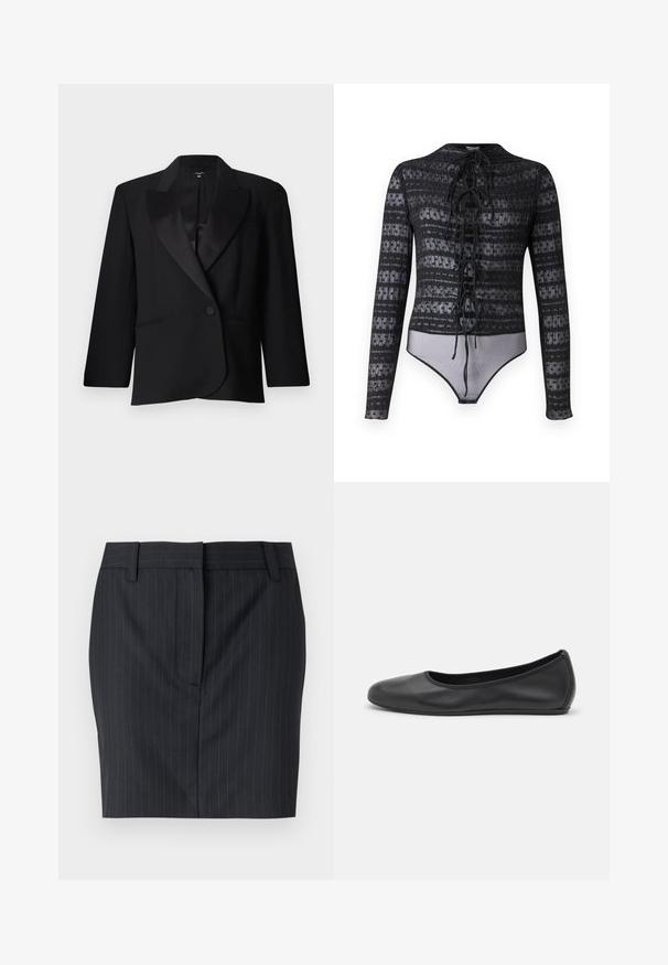 Blazer negro a medida con solapas de satin, cierre de un solo botón, dos bolsillos frontales y diseño estructurado. Textura de tela suave.; Hofmann Copenhagen EXCLUSIVE MIRELLA - Blusa - black; Falda ajustada de rayas negras con pasadores para cinturón y cierre frontal oculto, exhibida sobre un fondo blanco.; Bailarina de piel negra con punta redondeada, textura suave, detalle de costura minimalista y diseño de suela flexible.