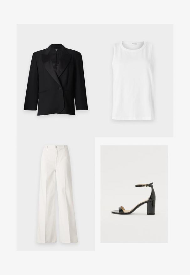 Čierny strihový blejzer so saténovými klopami, s jedným gombíkom, dvoma prednými vreckami a štrukturovaným dizajnom. Hladká textúra látky.; Biely bezrukávový top vyrobený z jemnej bavlny. Má okrúhly výstrih a priame strih. Jednoduchý dizajn bez viditeľných vzorov alebo akcentov.; Biele široké nohavice vyrobené z bavlny s hladkou textúrou. Obsahujú predný gombík, zips a dizajn so štyrmi vreckami.; Čierne lakované sandále s širokým podpätkom, otvorenou špičkou a remienkom okolo členka s zlatou sponou. Hladká textúra a elegantný dizajn.