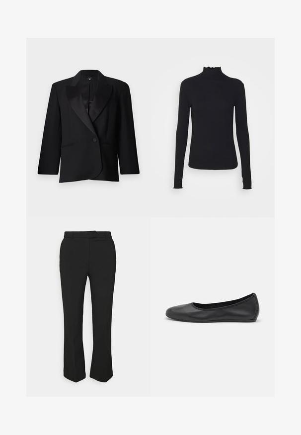 Črni elegante sestavljen blazer z satenskimi reverji, enojnim gumbom za zapiranje, dvema sprednjima žepoma in strukturirano zasnovo. Gladka tekstura blaga.; Črn dolg rokav turtleneck zgornji del iz gladkega materiala, ki se ponaša z nabranim ovratnikom in prilegajočim silhueto s preprostimi robovi.; Črne krojene hlače s ravnim krojem, z nožicami za pas in stranskimi žepi. Narejene iz gladkega materiala z čistim zaključkom.; Črne usnjene balerinke z zaobljenim nosom, gladko teksturo, minimalnimi šivi in fleksibilno zasnovo podplata.